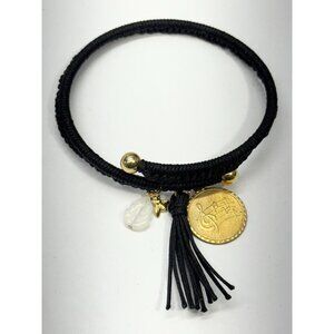 Vintage black music glass leaf charm tassel bracelet bangle